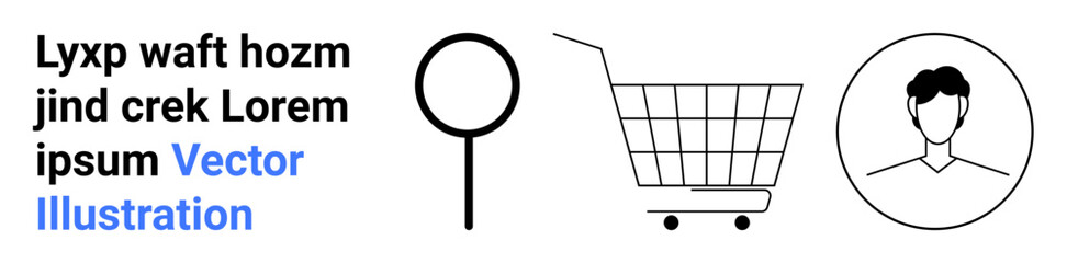 Magnifying glass, shopping cart, and male avatar icons with placeholder text. Ideal for e-commerce, user profiles, search features, online shopping, marketing, website design, app interfaces. Banner