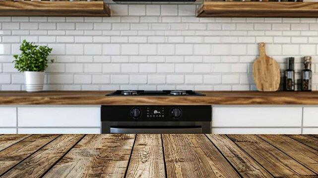 A modern kitchen with a wood countertop and a white brick backsplash