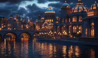 An intricate, illuminated cityscape featuring grand classical architecture with domes and spires, bridges over water, and warm lighting against a twilight sky