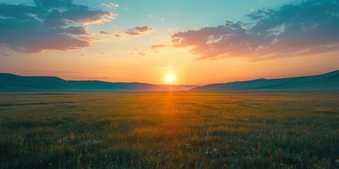 Fototapeta premium A vibrant sunset casts a warm glow over a vast grassland landscape with rolling hills under a beautiful sky at dusk