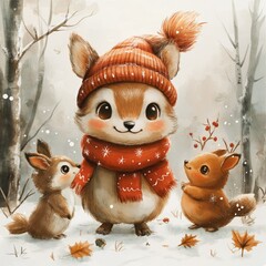 Fototapeta premium Cute squirrel wearing winter clothes with friends in snowy forest