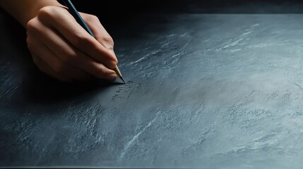 A hand writing on a dark slate surface with a pencil, illustrating creativity and focus in a minimalist setting