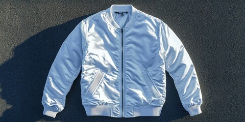 A Stylish Light Blue Bomber Jacket Laid Flat on a Textured Black Surface, Showcasing Its Shiny Fabric and Classic Design During the Daytime