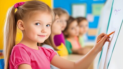 Obraz premium Young girl in a classroom enthusiastically writing on a whiteboard, engaging in learning and education