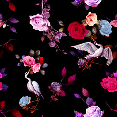 Vintage seamless background pattern. Roses and peony flowers, heron birds around with leaf on black. Abstract, hand drawn, vector - stock.