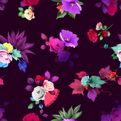 Seamless floral background pattern. Abstract flowers, roses, peony, pineapple with leaves on black. Pattern for textile, fabric and other prints purpose. Hand drawn artwork, vector wallpaper.