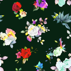 Seamless floral background pattern. Abstract flowers, roses, peony, branches with leaves on black. Pattern for textile, fabric and other prints purpose. Hand drawn artwork, vector wallpaper.