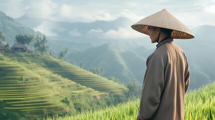 A farmer in a conical hat gazes over lush rice terraces, embodying agricultural tradition and natural beauty