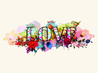Flowers with birds, grape and love word. Floral illustration for fabric, textile and other prints. Abstract. Hand drawn. Vector - stock.