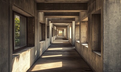 Fototapeta premium Brutalist student housing with blocky, repetitive units, exposed concrete surfaces, and narrow, shadow-filled corridors