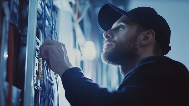 Technician working intently with cables in a dimly lit server room, symbolizing technology and expertise