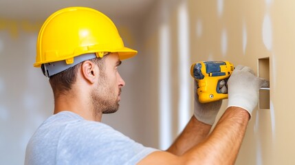 Construction worker wearing a yellow hard hat using a drill on the wall, showcasing home renovation process