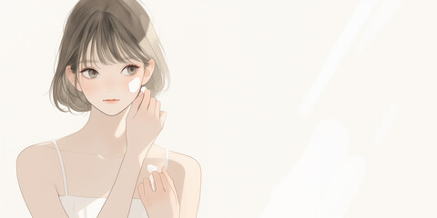 保湿クリームを塗る女の子。水彩画。イラスト