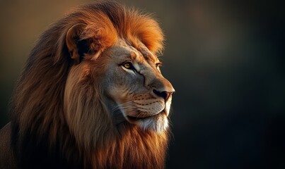 Naklejka premium Close-up portrait of a male lion with a majestic mane, set against a dark, gradient background. The lion's side profile captures its serene, powerful presence.