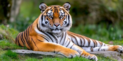 Fototapeta premium A majestic tiger lounges gracefully in a serene natural setting. The vibrant orange fur and striking black stripes create a stunning visual impact. 