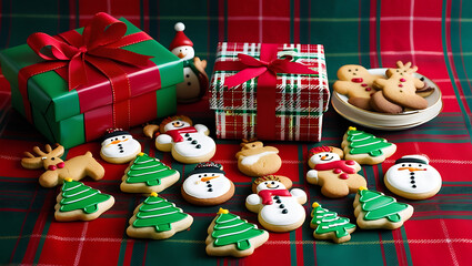 Christmas cookies with presents on plaid tablecloth.