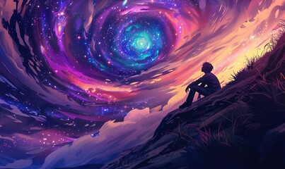 view of human silhouette exploring the galaxy looking under the sky amidst the stars ai generated
