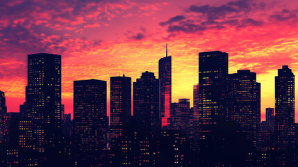 Obraz premium Silhouette of a city skyline at dusk with tall skyscrapers outlined against a glowing orange and pink sky