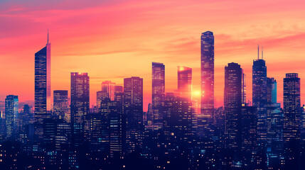 Fototapeta premium Silhouette of a city skyline at dusk with tall skyscrapers outlined against a glowing orange and pink sky