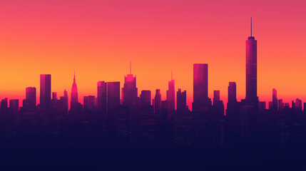 Fototapeta premium Silhouette of a city skyline at dusk with tall skyscrapers outlined against a glowing orange and pink sky
