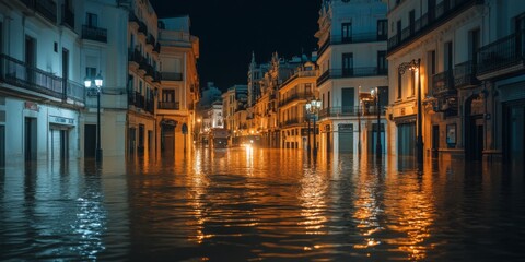 A tranquil yet haunting city scene submerged in water. Streets glisten with reflections from warm lights. This image captures the effects of a flood at nighttime in a vivid style. AI