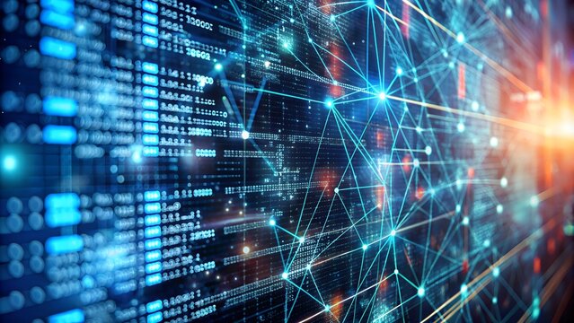 Close-up of a computer screen with lines of complex code, futuristic interface, dark background with data streams overlaying