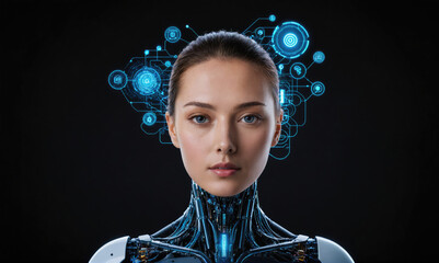 A woman with blue eyes stands in front of a dark background, surrounded by glowing blue circuits