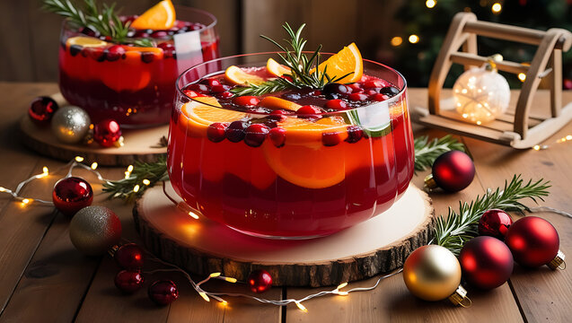 Festive red punch with cranberries, orange slices, and rosemary sprigs in a glass bowl on a wooden table surrounded by Christmas ornaments.
