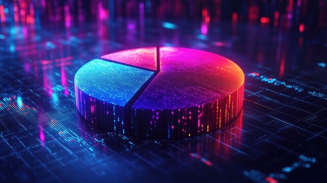 Glowing digital 3D pie chart in vibrant neon colors on a futuristic data interface background.