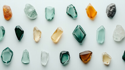 Colorful array of crystals and gemstones on a white surface