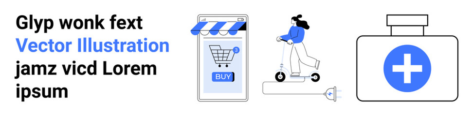 Fototapeta premium Online store with shopping cart and buy button, person riding e-scooter, medical bottle with cross. Ideal for tech solutions, shopping apps, health services, urban mobility, startup websites, modern