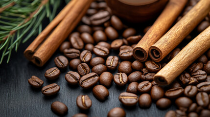 Obraz premium Coffee beans and cinnamon sticks on a dark surface with pine leaves nearby