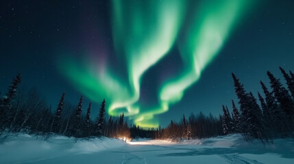 Obraz premium Dazzling northern lights illuminate a snowy landscape in winter evening sky