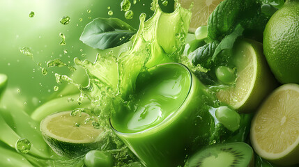 Obraz premium Green fresh juice liquid splash on background, green, fresh, juice, liquid, splash, healthy, organic, drink, refreshing. Organic. Illustration