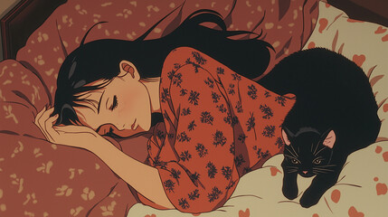 1980s Japanese anime-style illustration of a young woman in pajamas lying face down on a bed with a black cat, in an overhead shot. Perfect for retro anime visuals or cozy home scenes