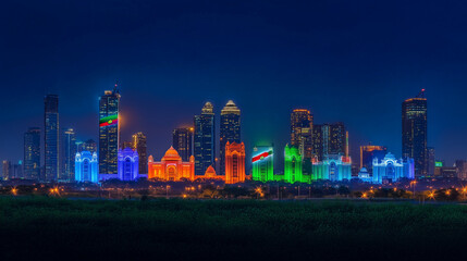 Obraz premium Modern City Skyline with Indian Flag Colors at Republic Day Night