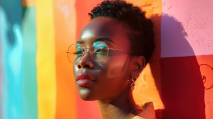Amidst a spectrum of colors, a determined LGBTQ student's poised posture signifies their courage and determination