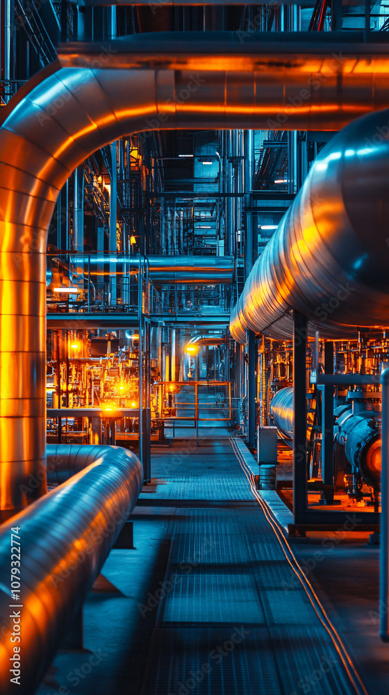 Poster Advanced network of glowing pipes and metallic structures generating a modern ambiance at an industrial power plant