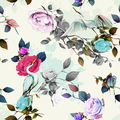 Vintage seamless background pattern. Peony flowers, heron birds around with leaf on white. Abstract, hand drawn, vector - stock.