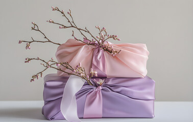 Elegant Furoshiki Gift Wrapping with Sakura Blossom - Japanese Art of Gift Wrapping in Pastel Colors, AI GENERAT