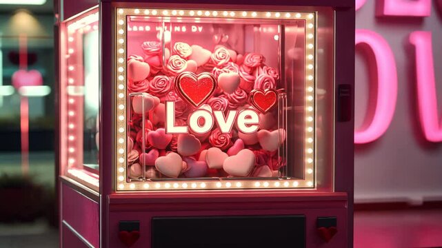 A claw machine with Love written on the front, featuring heart-shaped candies inside.
