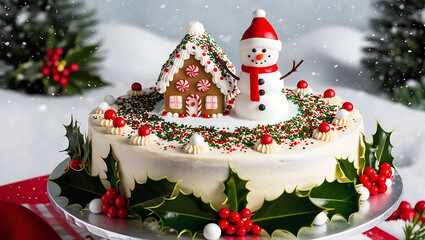 A white frosted cake decorated with a gingerbread house, a snowman, sprinkles, and holly.