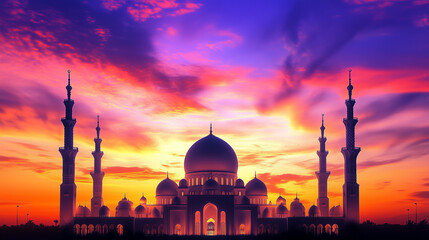 Obraz premium Ornate Mosque Silhouette at Sunset with Peaceful Atmosphere