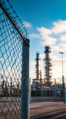 Industrial plant protected by chain link fence and barbed wire under a clear blue sky
