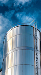 Gleaming metal silo extending into the cloudy blue sky, reflecting its surroundings and featuring a maintenance ladder