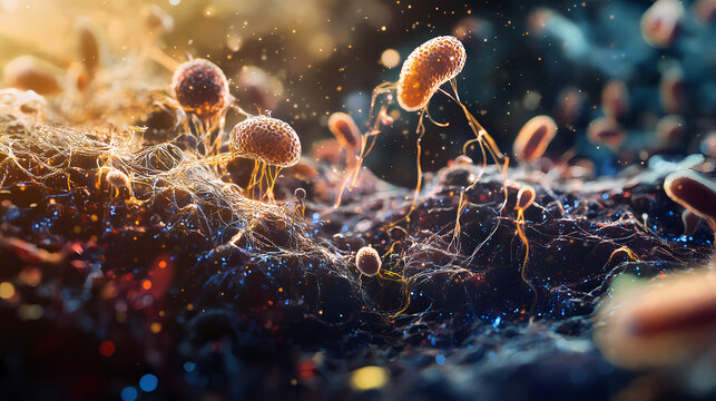 Macro shot of soil microbes interacting with organic matter, showing decomposition process. Organic. Illustration