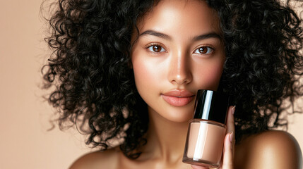 A Young Woman With Curly Hair Poses With a Foundation Bottle Against a Soft Background, Showcasing Her Natural Beauty During a Calm Afternoon - Powered by Adobe