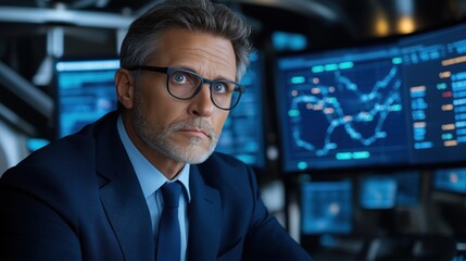 Fototapeta premium focused business professional dressed in a suit assesses complex data displayed on large monitors in a modern office. environment conveys a sense of urgency and importance to the task