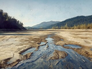 Dried lake and river on summer. Water crisis and climate change. Neural network ai generated art
