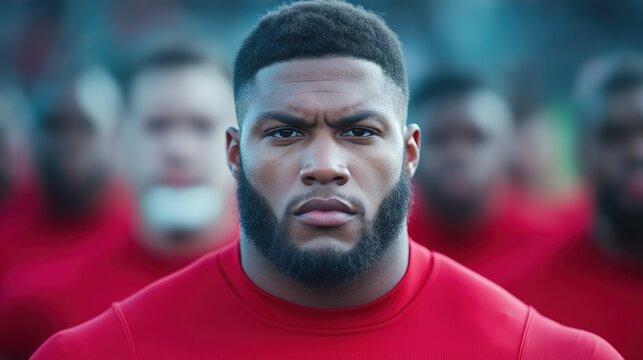 determined football player stands at the front of his team, wearing a red jersey. backdrop features fellow teammates, all ready for an intense practice session under bright sunlight